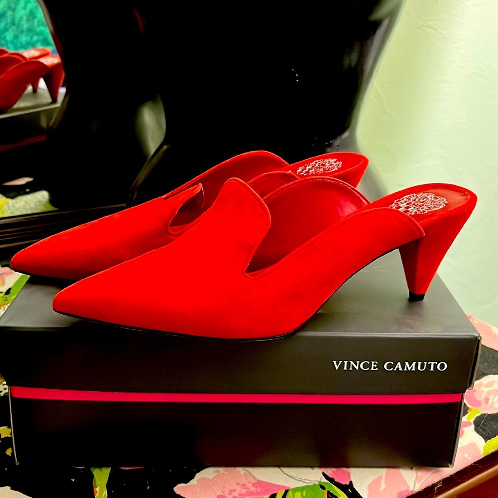 Vince Camuto, red suede slide mule with fabulous heal!!